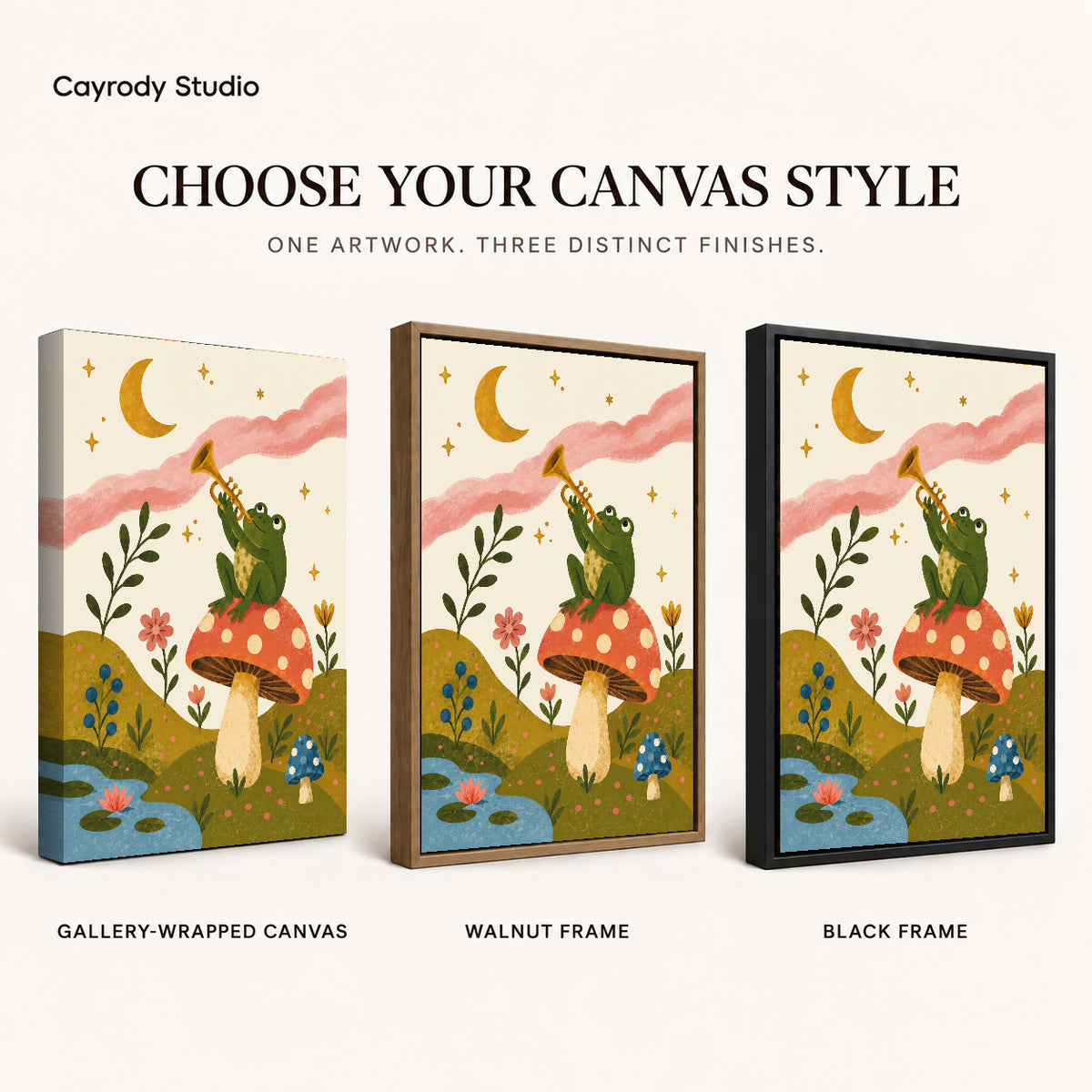 Trumpet mushroom frog canvas art finish chart showing gallery wrapped canvas, walnut frame, and black frame options.