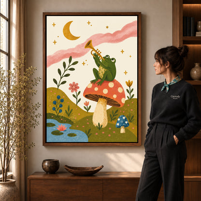 Walnut framed trumpet mushroom frog canvas art room scene assigned to all six walnut framed canvas sizes.