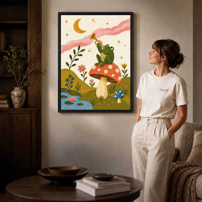 Black framed trumpet mushroom frog canvas art room scene assigned to all six black framed canvas sizes.