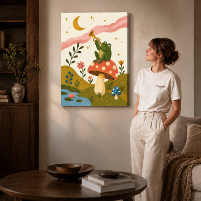 Gallery wrapped trumpet mushroom frog canvas art room scene assigned to all six unframed wrapped canvas sizes.