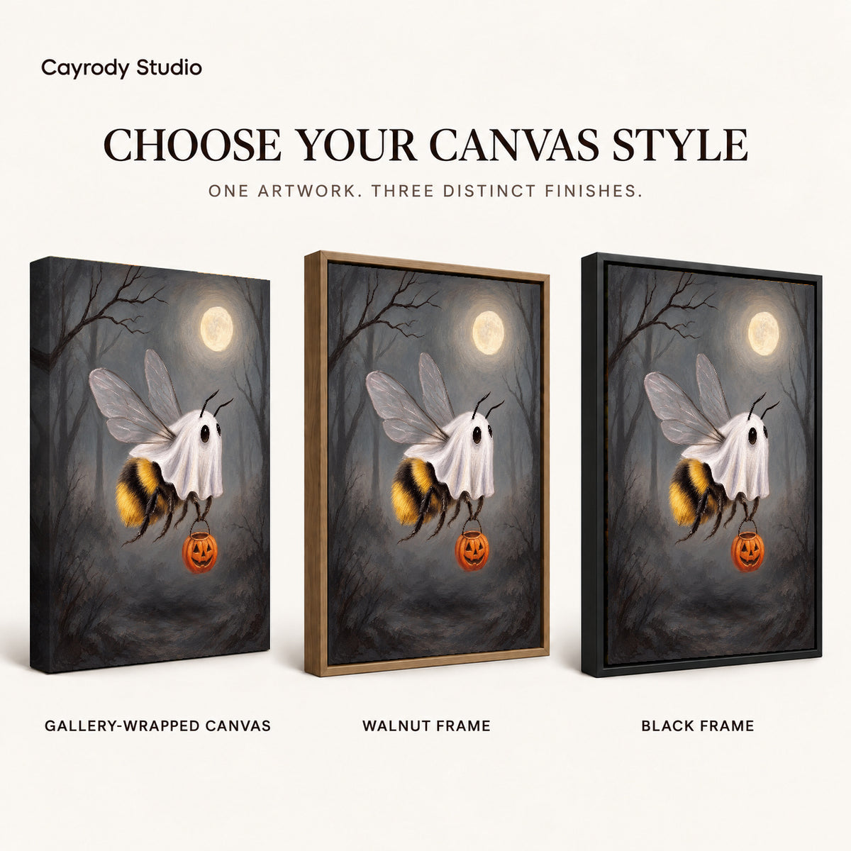 Ghost costume bee canvas art finish chart showing gallery wrapped canvas, walnut frame, and black frame options.
