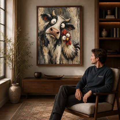 Walnut framed cow chicken friends canvas art displayed above a seated man in a wood furnished room.
