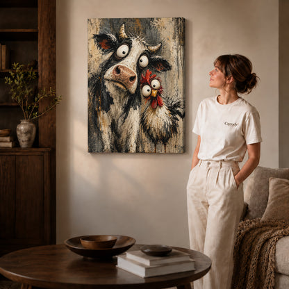 Gallery wrapped cow chicken friends canvas art with naturally shaded canvas edges beside a woman wearing cream clothing.