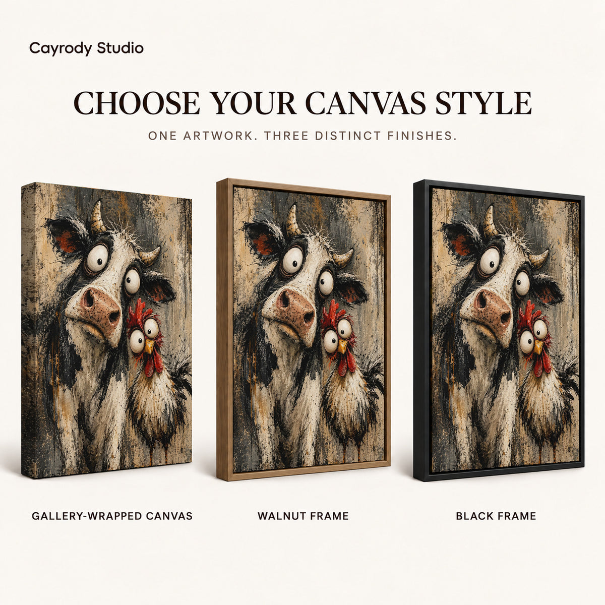 Cow chicken friends canvas art finish chart showing gallery wrapped canvas, walnut frame, and black frame options.