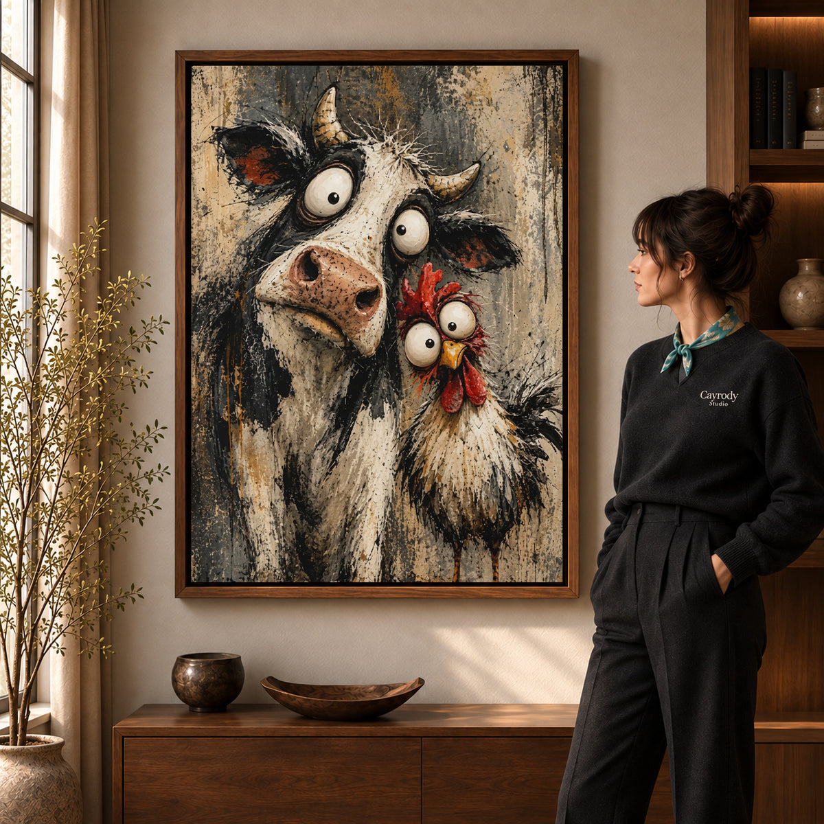 Walnut framed cow chicken friends canvas art room scene assigned to all six walnut framed canvas sizes.