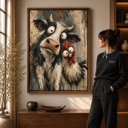 Walnut framed cow chicken friends canvas art room scene assigned to all six walnut framed canvas sizes.