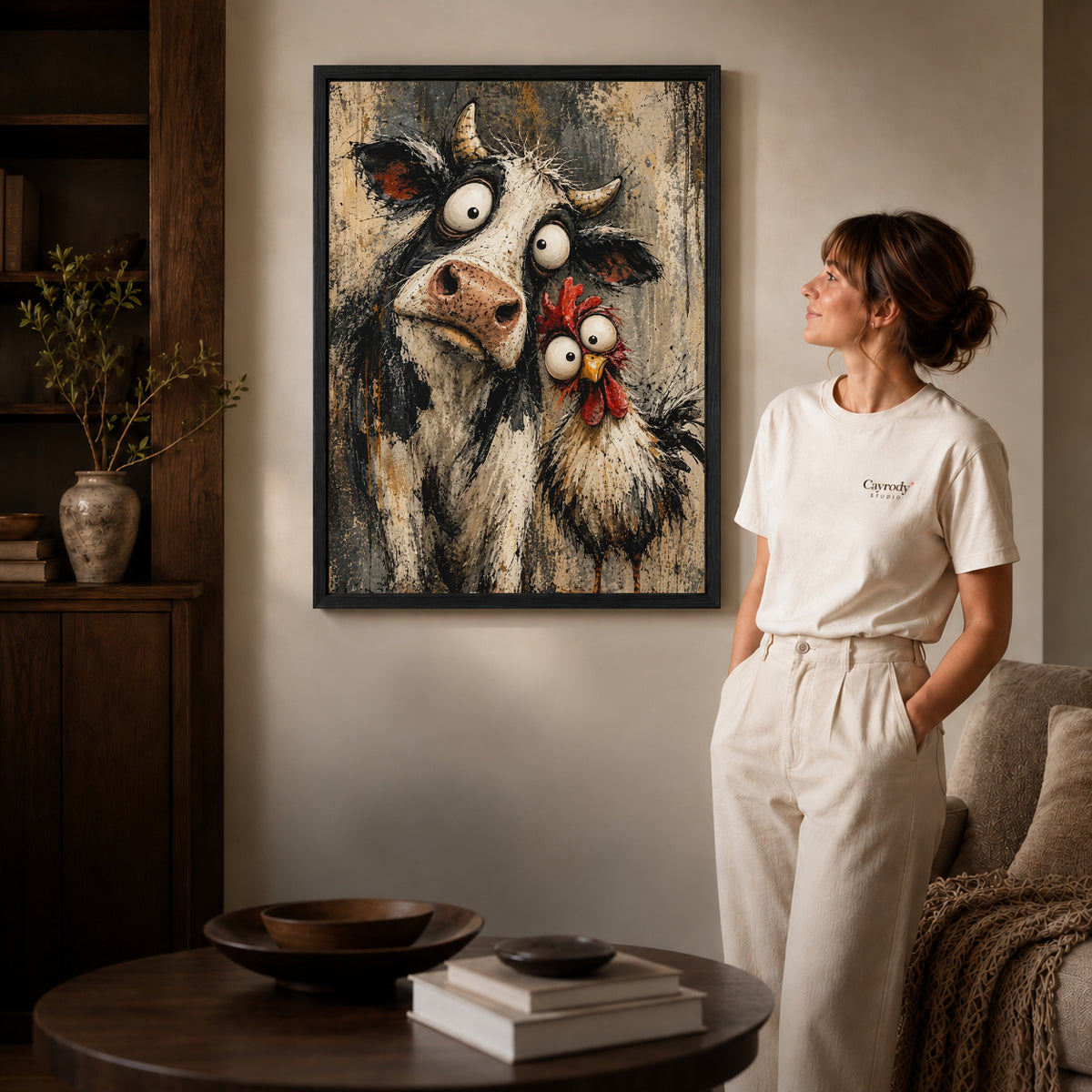 Black framed cow chicken friends canvas art room scene assigned to all six black framed canvas sizes.