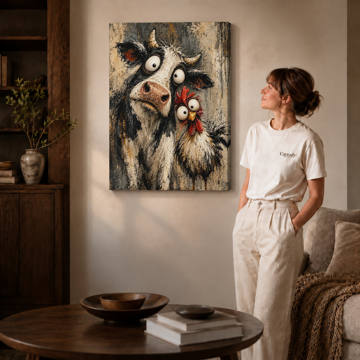 Gallery wrapped cow chicken friends canvas art room scene assigned to all six unframed wrapped canvas sizes.