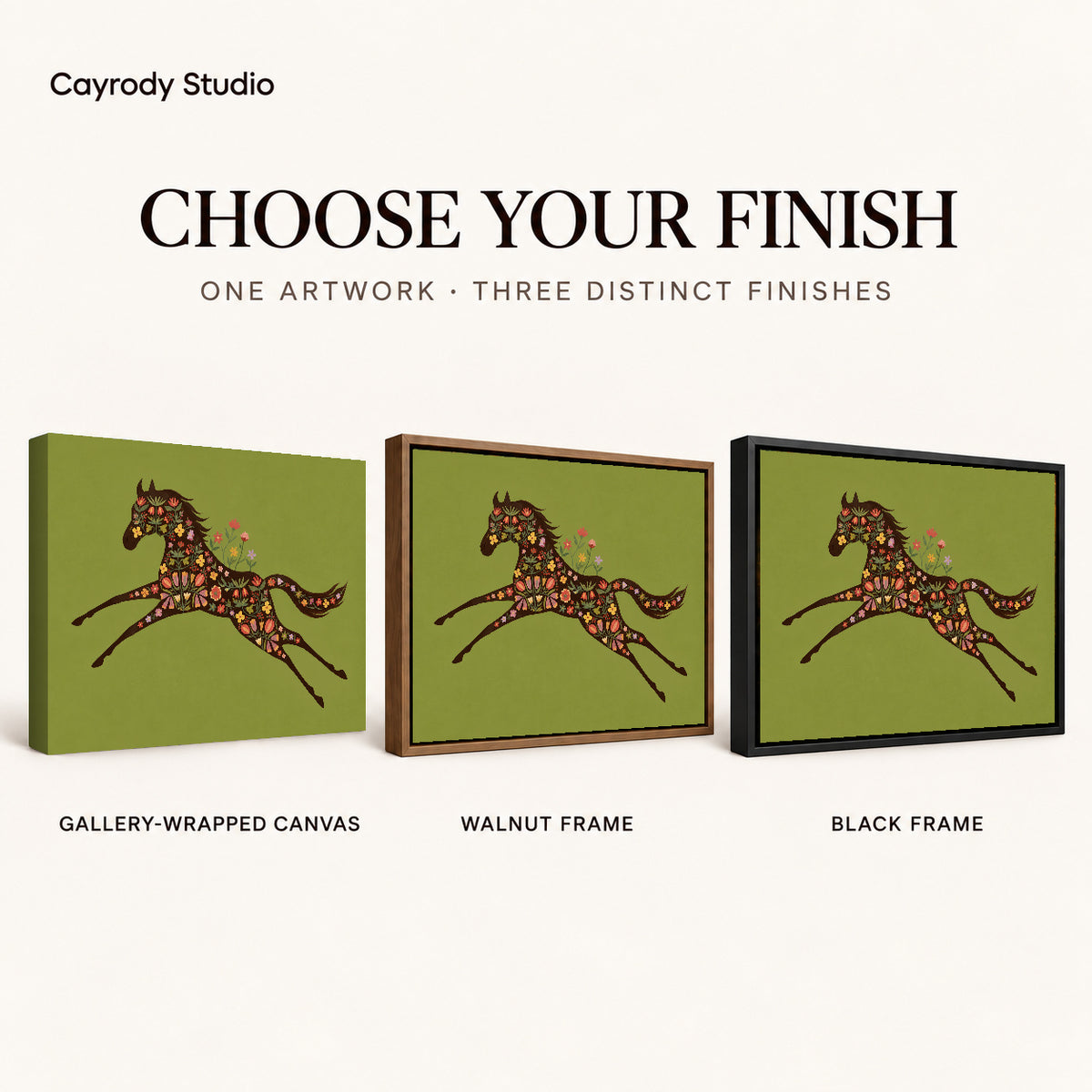 Floral Galloping Horse artwork finish chart showing gallery wrapped canvas, walnut frame, and black frame options.