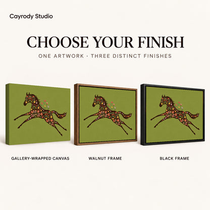 Floral Galloping Horse artwork finish chart showing gallery wrapped canvas, walnut frame, and black frame options.