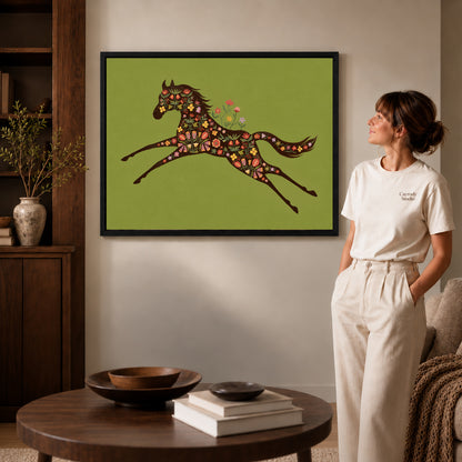 Black framed floral galloping horse artwork scene assigned to all six black framed canvas sizes.