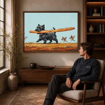 Walnut framed baguette terrier canvas art displayed above a seated man in a wood furnished room.