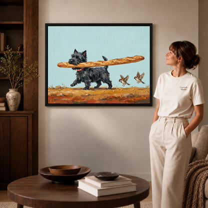 Black framed baguette terrier canvas art displayed beside a woman in a warm neutral living room.