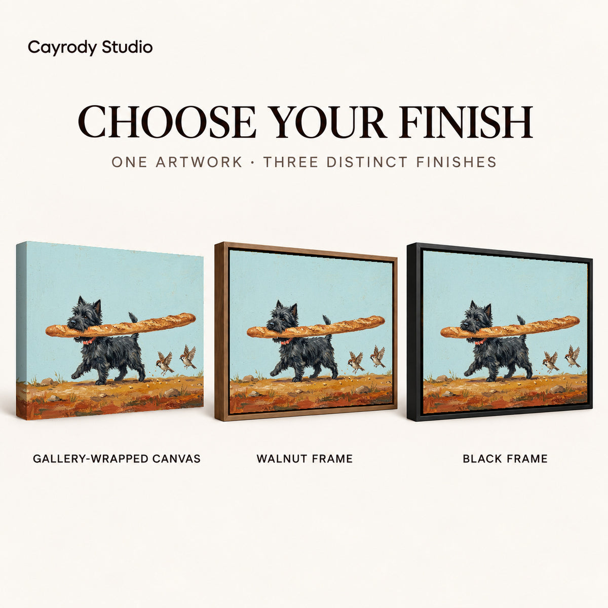 Baguette terrier canvas art finish chart showing gallery wrapped canvas, walnut frame, and black frame options.
