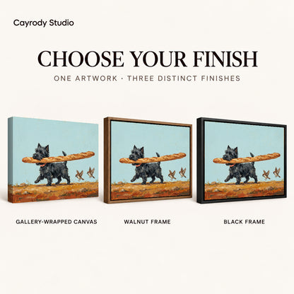 Baguette terrier canvas art finish chart showing gallery wrapped canvas, walnut frame, and black frame options.