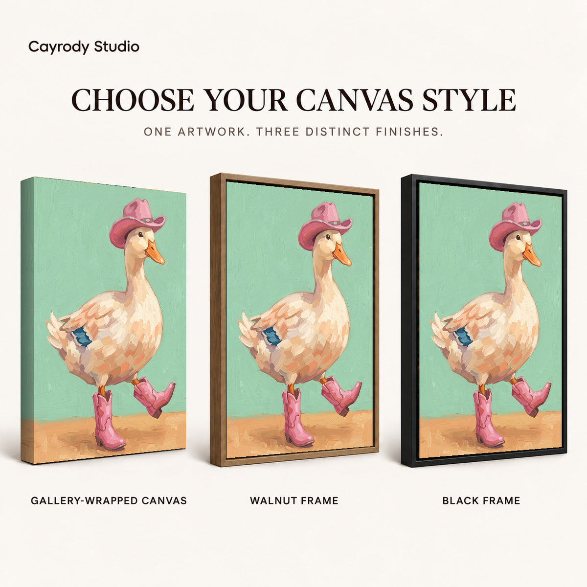 Cowboy boots duck canvas art finish chart showing gallery wrapped canvas, walnut frame, and black frame options.