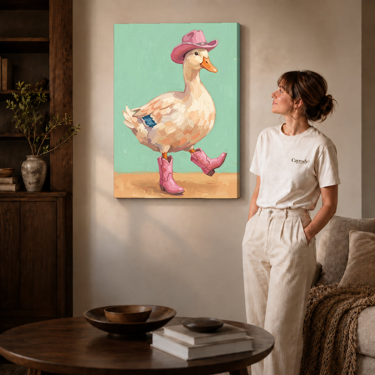 Gallery wrapped cowboy boots duck canvas art room scene assigned to all six unframed wrapped canvas sizes.