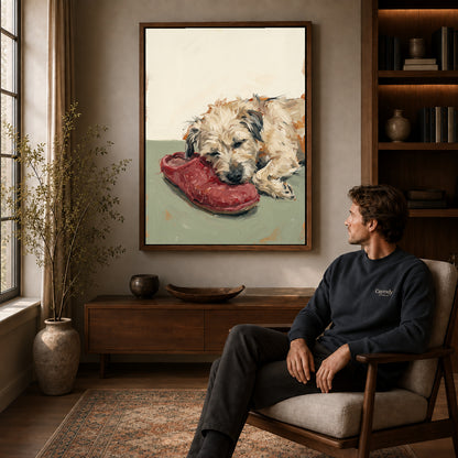 Walnut framed sleeping dog shoe canvas art displayed above a seated man in a wood furnished room.