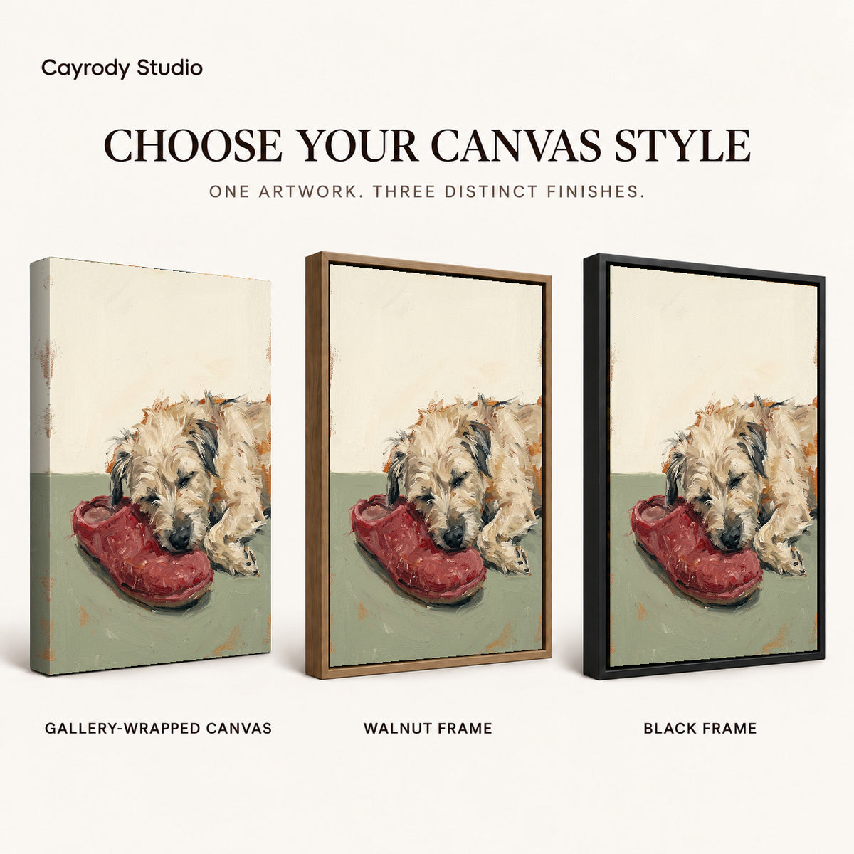 Sleeping dog shoe canvas art finish chart showing gallery wrapped canvas, walnut frame, and black frame options.