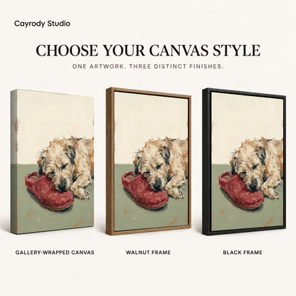 Sleeping dog shoe canvas art finish chart showing gallery wrapped canvas, walnut frame, and black frame options.