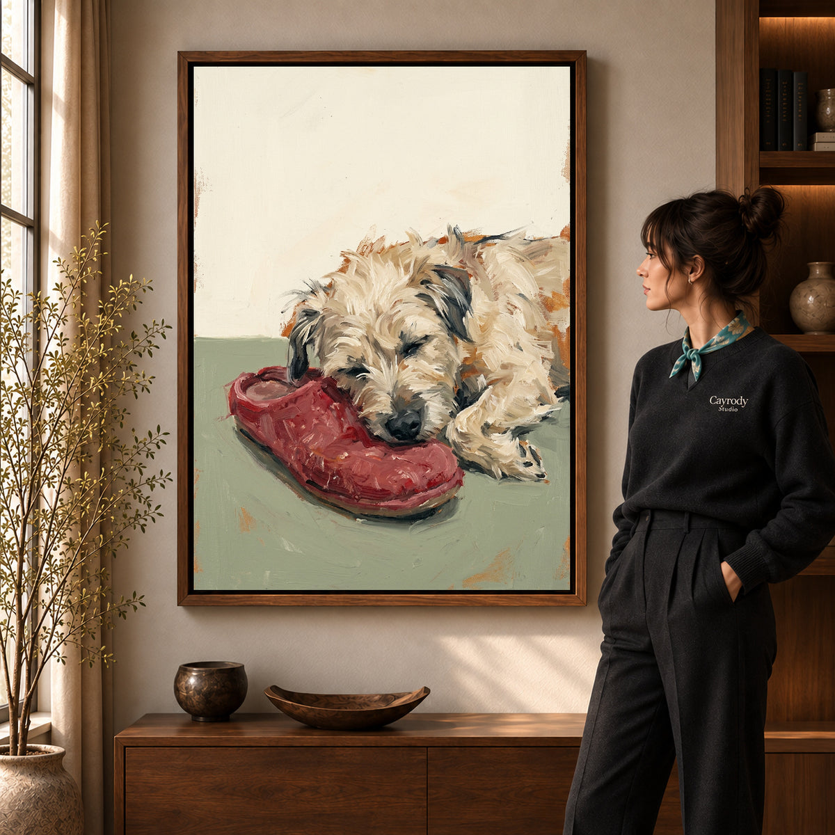 Walnut framed sleeping dog shoe canvas art room scene assigned to all six walnut framed canvas sizes.