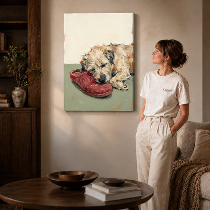 Gallery wrapped sleeping dog shoe canvas art room scene assigned to all six unframed wrapped canvas sizes.