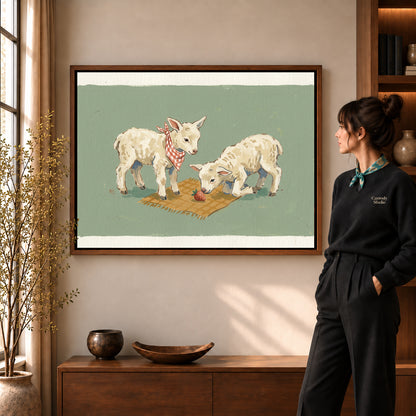 Lamb picnic friends canvas art in a walnut frame beside a standing woman in a warm living room.