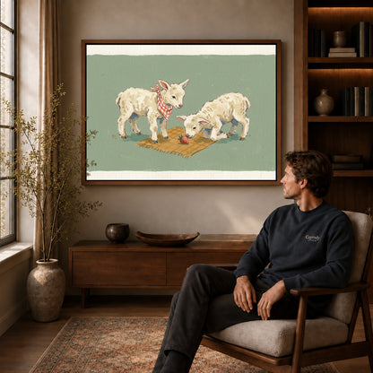 Walnut framed lamb picnic friends canvas art displayed above a seated man in a wood furnished room.