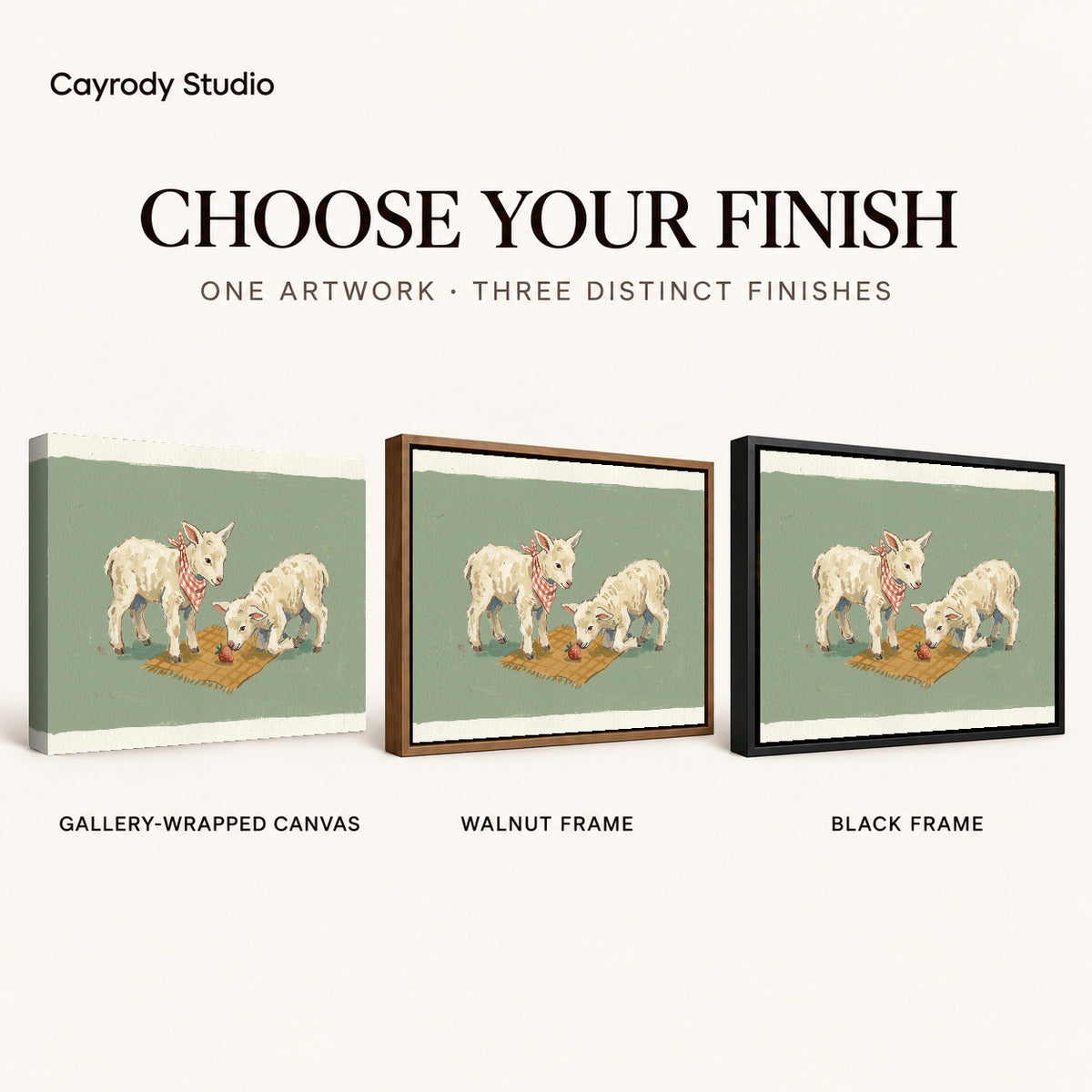 Lamb picnic friends canvas art finish chart showing gallery wrapped canvas, walnut frame, and black frame options.