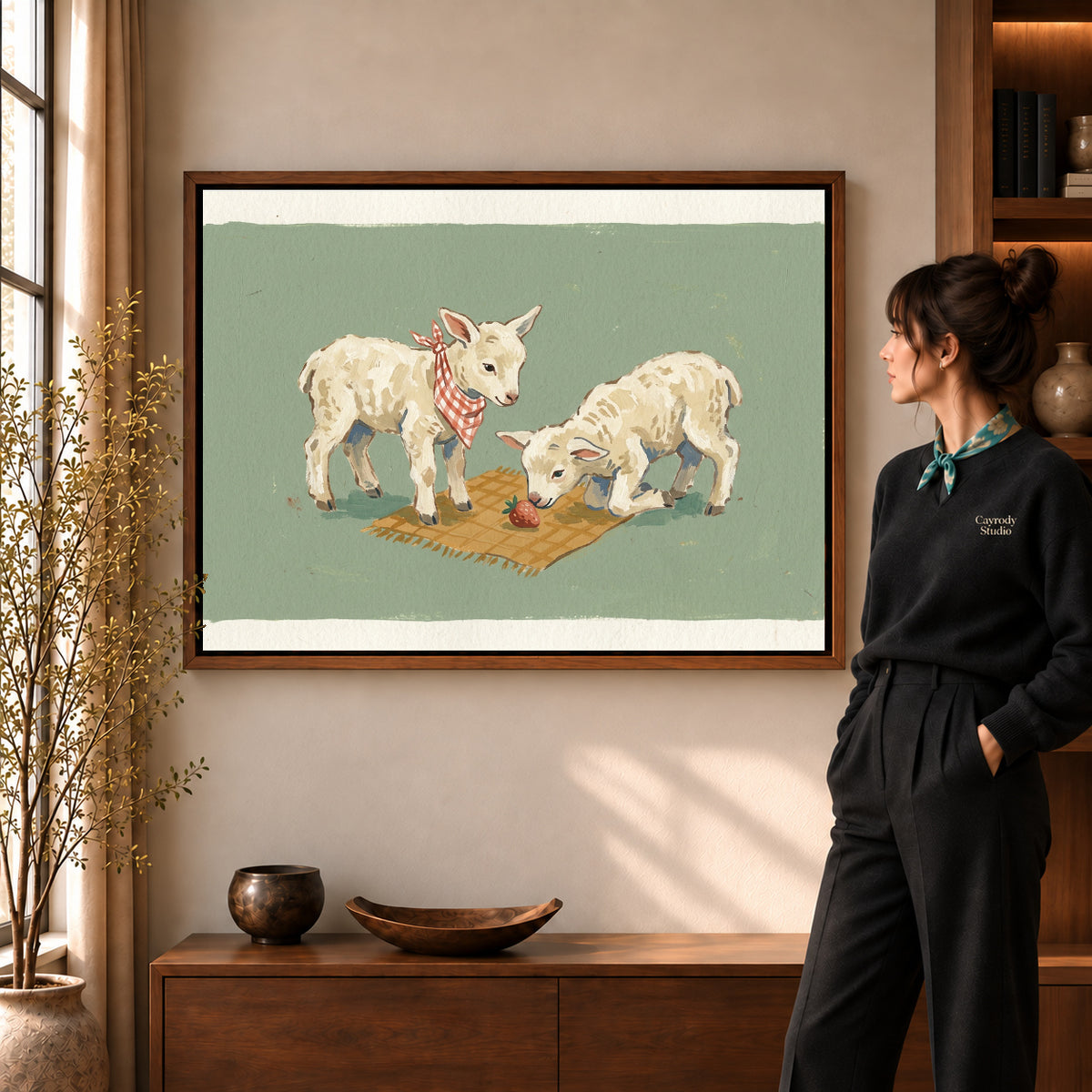 Walnut framed lamb picnic friends canvas art room scene assigned to all six walnut framed canvas sizes.