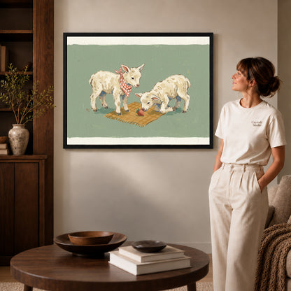 Black framed lamb picnic friends canvas art room scene assigned to all six black framed canvas sizes.