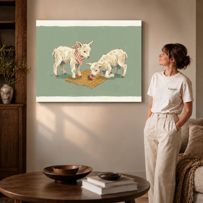 Gallery wrapped lamb picnic friends canvas art room scene assigned to all six unframed wrapped canvas sizes.
