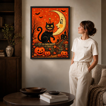 Black framed crescent halloween cat artwork beside a woman in a warm neutral living room.