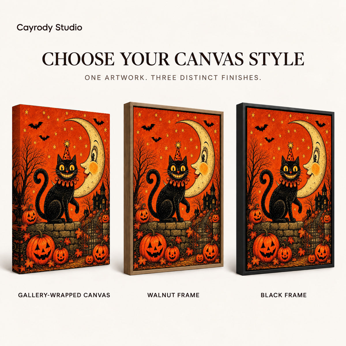 Crescent Halloween Cat artwork finish chart showing gallery wrapped canvas, walnut frame, and black frame options.