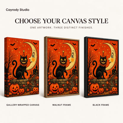 Crescent Halloween Cat artwork finish chart showing gallery wrapped canvas, walnut frame, and black frame options.