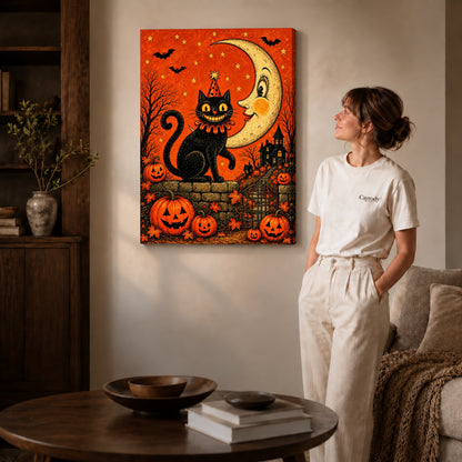 Gallery wrapped crescent halloween cat artwork scene assigned to all six unframed wrapped canvas sizes.