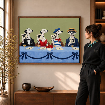 Dalmatian judging panel canvas art in a walnut frame beside a standing woman in a warm living room.