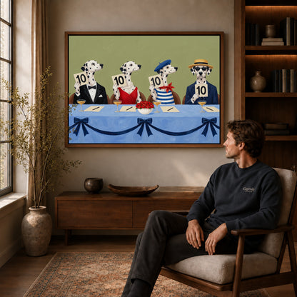 Walnut framed dalmatian judging panel canvas art displayed above a seated man in a wood furnished room.