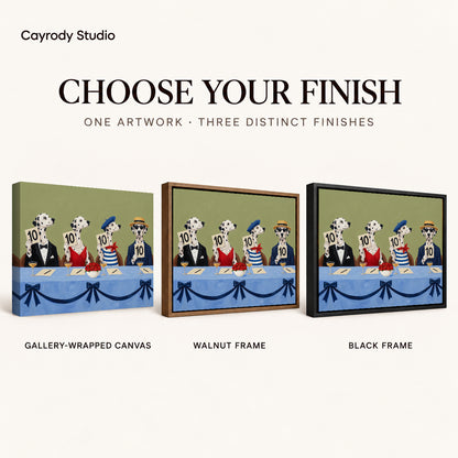 Dalmatian judging panel canvas art finish chart showing gallery wrapped canvas, walnut frame, and black frame options.