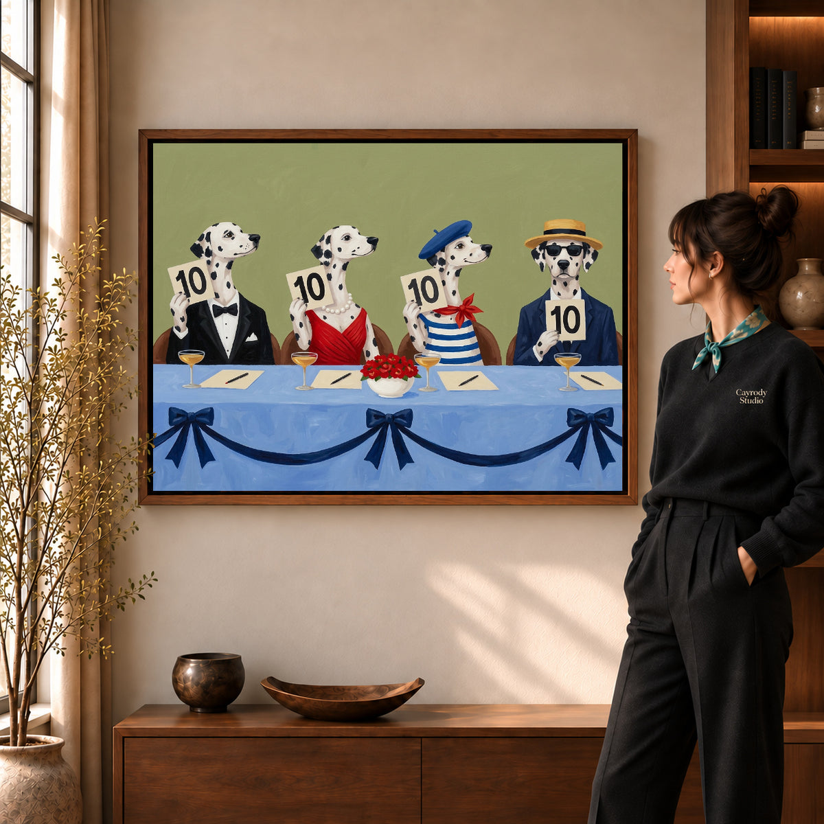 Walnut framed dalmatian judging panel canvas art room scene assigned to all six walnut framed canvas sizes.