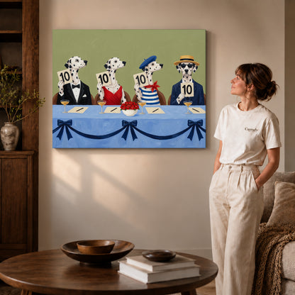 Gallery wrapped dalmatian judging panel canvas art room scene assigned to all six unframed wrapped canvas sizes.