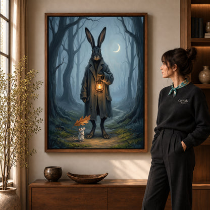 Rabbit lantern walk canvas art in a walnut frame beside a standing woman in a warm living room.
