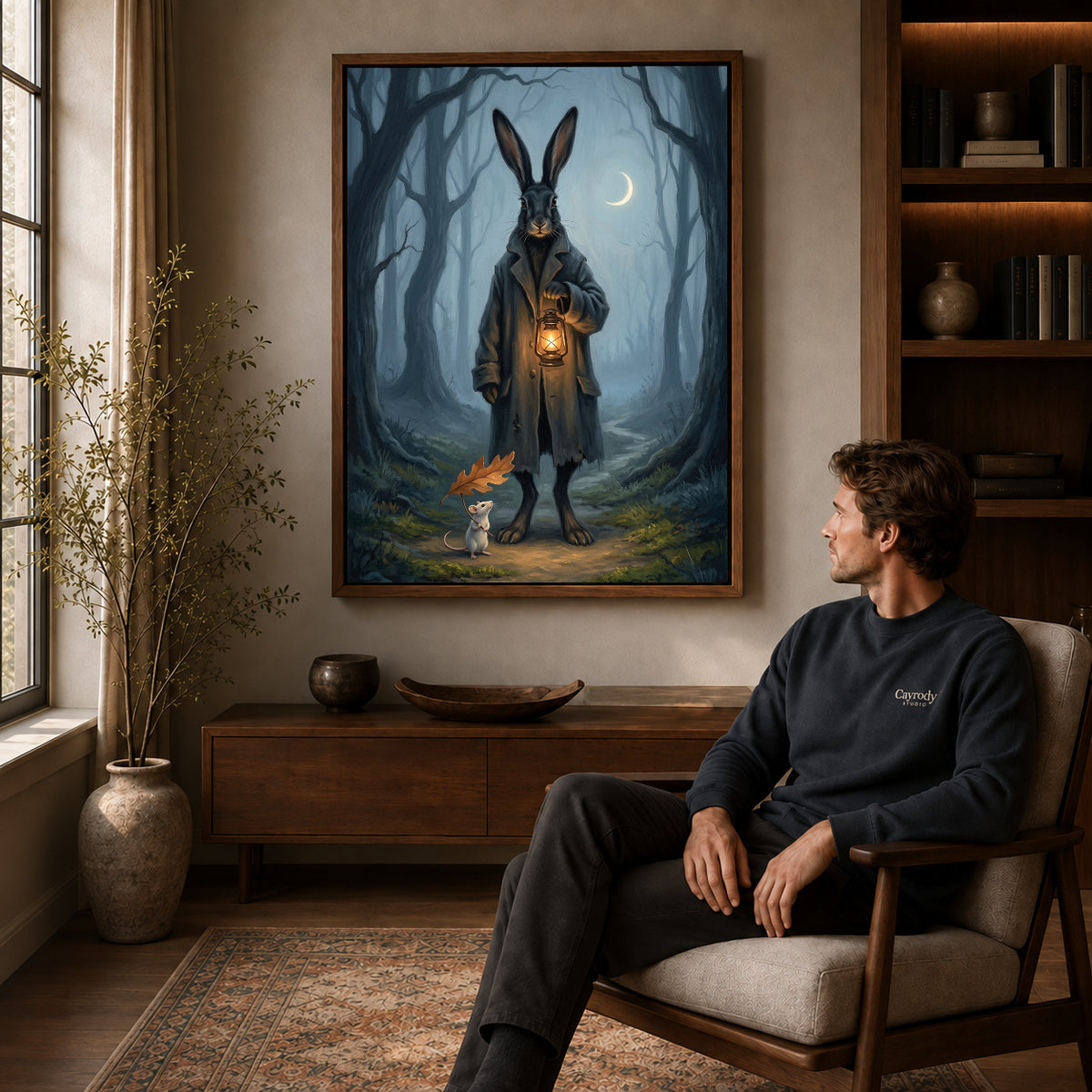 Walnut framed rabbit lantern walk canvas art displayed above a seated man in a wood furnished room.