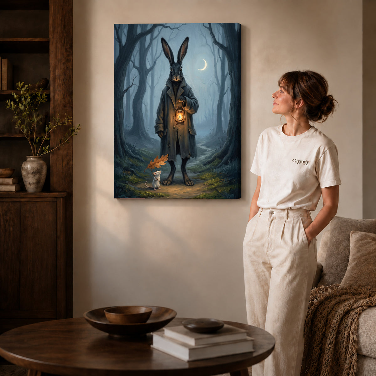 Gallery wrapped rabbit lantern walk canvas art with naturally shaded canvas edges beside a woman wearing cream clothing.