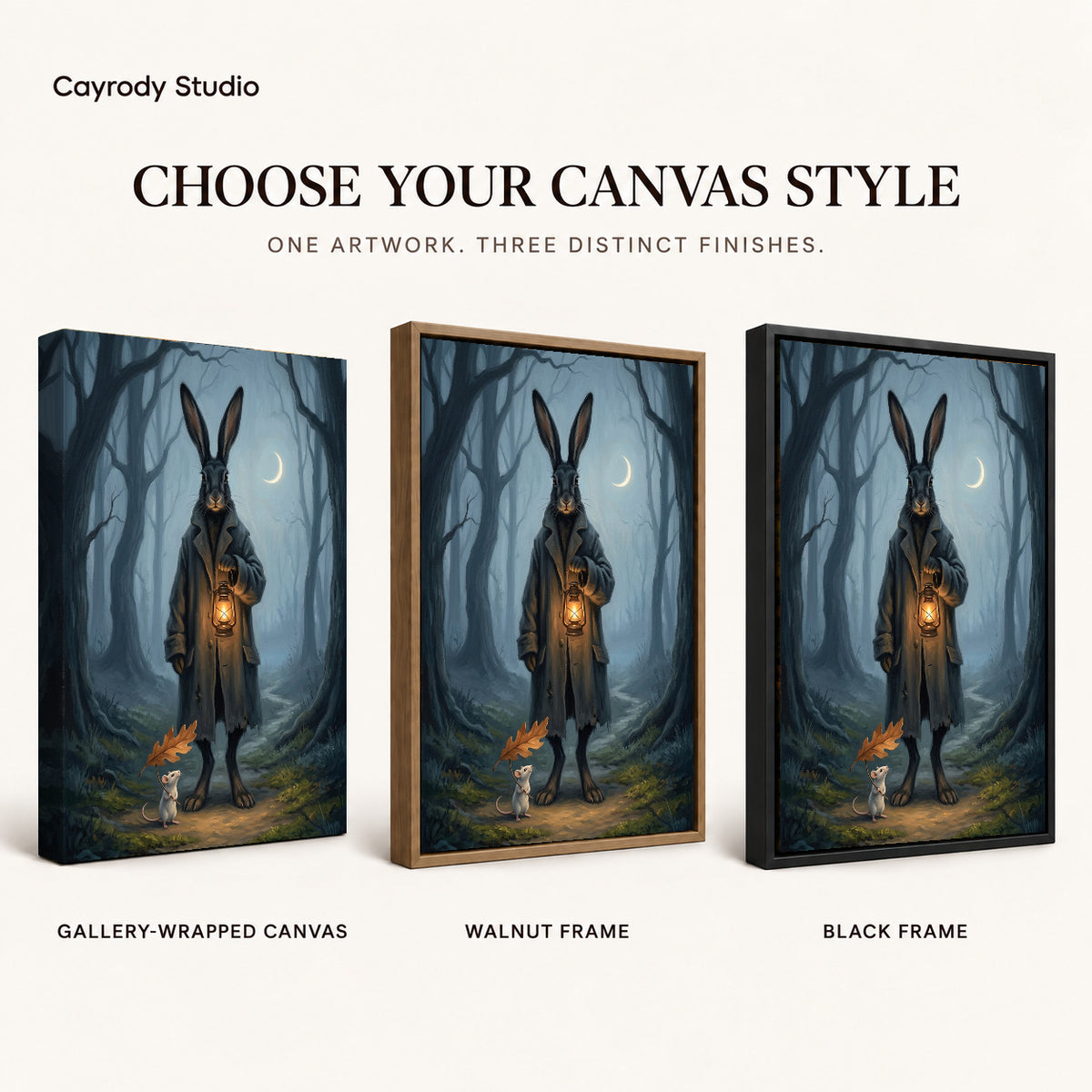 Rabbit lantern walk canvas art finish chart showing gallery wrapped canvas, walnut frame, and black frame options.