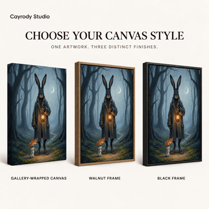Rabbit lantern walk canvas art finish chart showing gallery wrapped canvas, walnut frame, and black frame options.