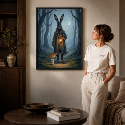 Black framed rabbit lantern walk canvas art room scene assigned to all six black framed canvas sizes.
