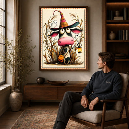 Walnut framed lantern witch cow artwork above a seated man in a wood furnished living room.