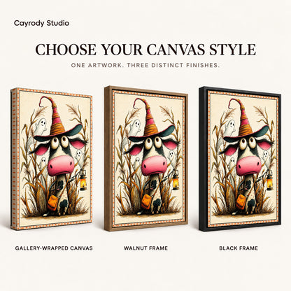 Lantern Witch Cow artwork finish chart showing gallery wrapped canvas, walnut frame, and black frame options.