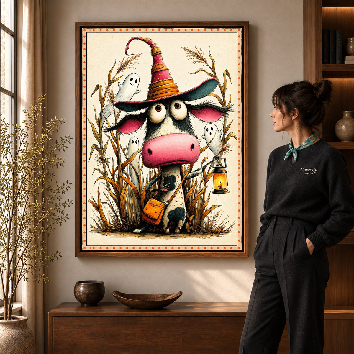 Walnut framed lantern witch cow artwork scene assigned to all six walnut framed canvas sizes.